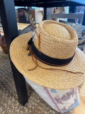 Straw Boater Hat with Black Band and Feather Trim